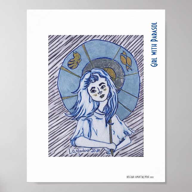 Girl with Parasol, blue ink portrait on white pape Poster (Front)