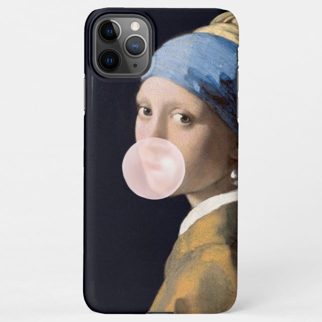 Girl with pearl earing blowing pink bubble gum iPhone case (Back)