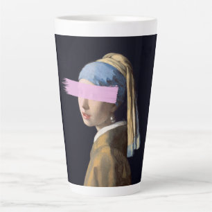 Girl with pearl earing with pink brush stroke latte mug