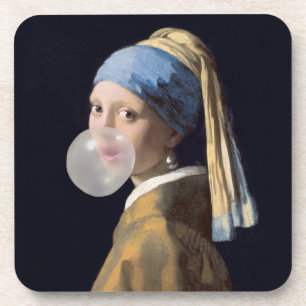 Girl with pearl earring blowing a bubble gum coaster