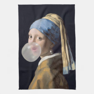 Girl with pearl earring blowing a bubble gum kitchen towel