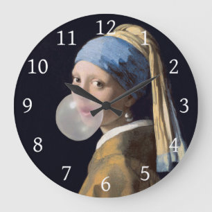 Girl with pearl earring blowing a bubble gum large clock