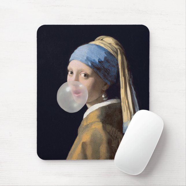 Girl with pearl earring blowing a bubble gum mouse pad (With Mouse)