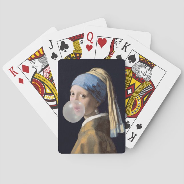 Girl with pearl earring blowing a bubble gum playing cards (Back)