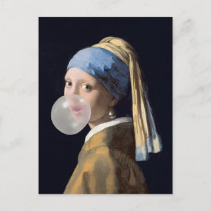 Girl with pearl earring blowing a bubble gum postcard