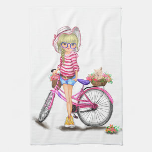 Girl with Pink Bike Kitchen Towel