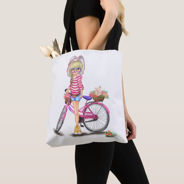Girl with Pink Bike Tote Bag (Close Up)