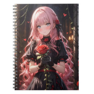 girl with pink hair holding a rose in her hand notebook