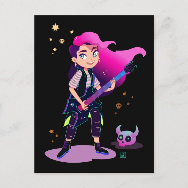 Girl with pink hair with a rock guitar postcard (Front)