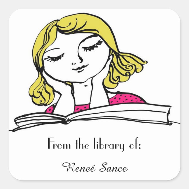 Girl With Polka Dot Dress Reading Bookplate Square Sticker (Front)