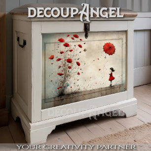Girl with poppies and red umbrella - decoupage -  tissue paper