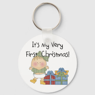 Girl with Presents 1st Christmas Tshirts and Gifts Keychain