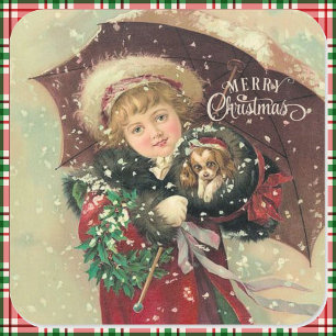 Girl with Puppy in her Muff Vintage Christmas Square Sticker