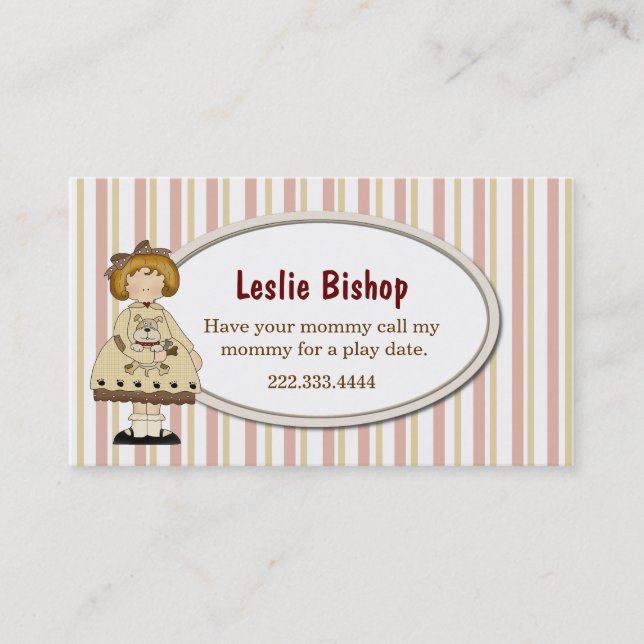 Girl with Puppy Striped Play Date Card (Front)