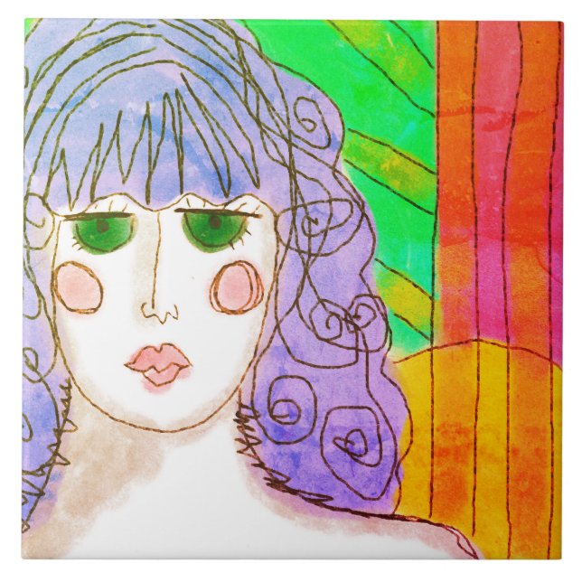 Girl with Purple Hair Abstract Digital Painting  Tile (Front)