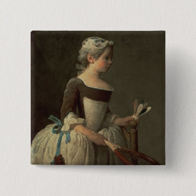Girl with Racket and Shuttlecock 2 Inch Square Button (Front)