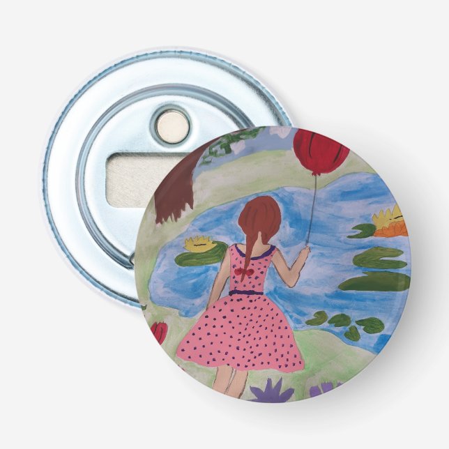 Girl With Red Balloon Button Bottle Opener (Front)