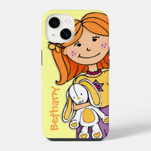 Girl with red hair cuddling bunny rabbit graphic iPhone 14 case