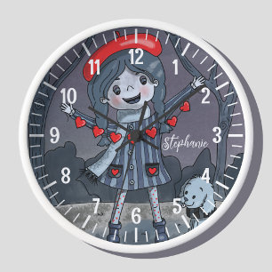 Girl with Red Hat Monochromatic Wall Clock 