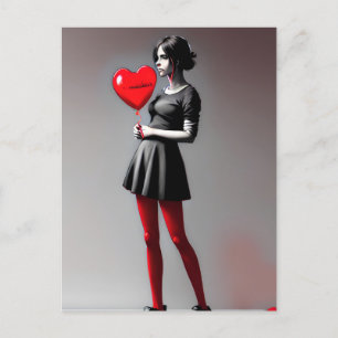 Girl with red heart balloon postcard