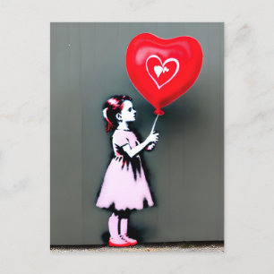 Girl with red heart balloon postcard