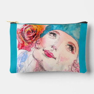 Girl With Red Rose and Turquoise Beret Watercolor Accessory Pouch