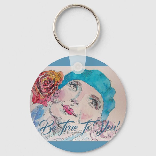 Girl With Red Rose Be True To You Button Key Ring (Front)