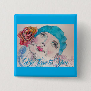 Girl with Red Rose Beret Be True To You Badge 2 Inch Square Button