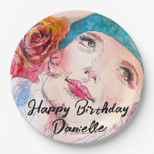 Girl with Red Rose Beret Birthday Party Girls Paper Plate