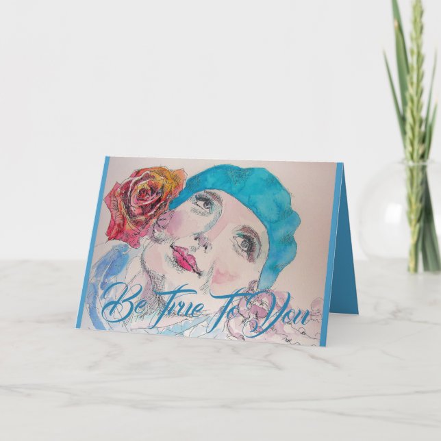 Girl with Red Rose Beret Watercolor Birthday Card (Front)