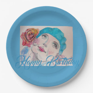 Girl with Red Rose Beret Watercolor Birthday Card Paper Plate