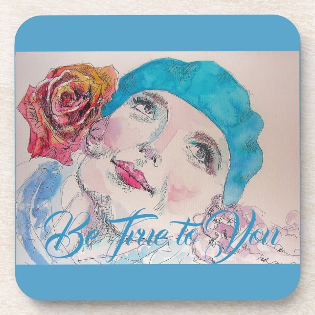 Girl with Red Rose Beret Watercolor Coaster (Front)