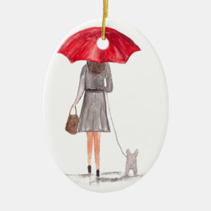 Girl with red umbrella ceramic ornament