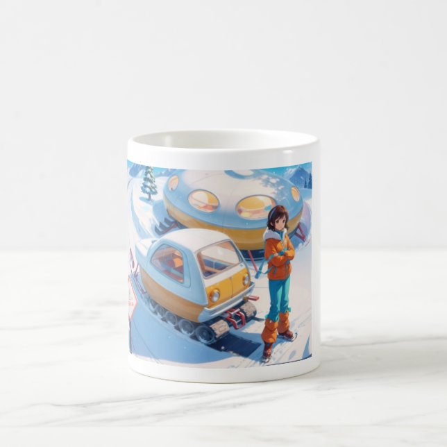 Girl with retro snowmobile  coffee mug (Center)