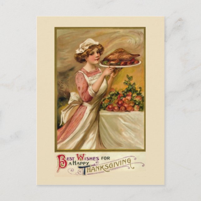 Girl with roast turkey holiday postcard (Front)