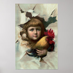 Girl With Rooster "Early Birds" Antique Print