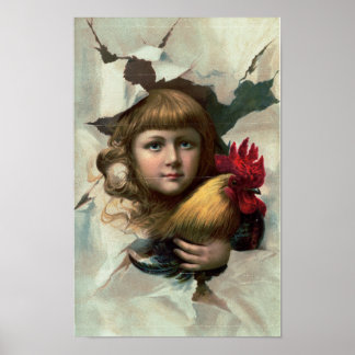 Girl With Rooster "Early Birds" Antique Print
