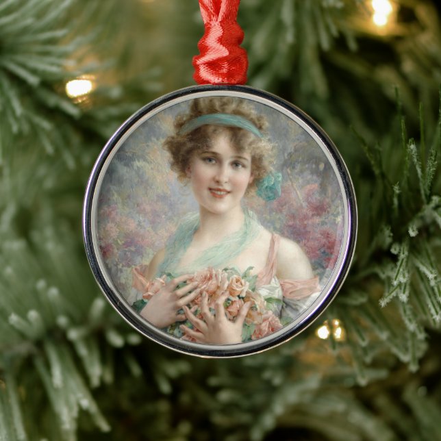 Girl with roses By Emile Vernon  Metal Ornament (Tree)