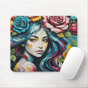 Girl with Roses in Her Hair Watercolor Style Mouse Pad