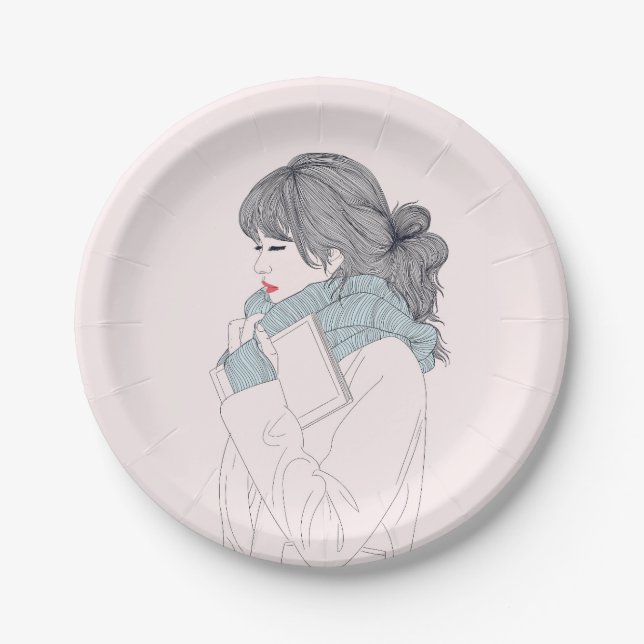 Girl with scarf and book paper plate (Front)