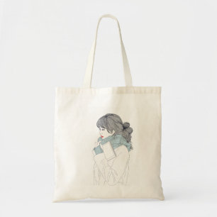 Girl with scarf and book tote bag