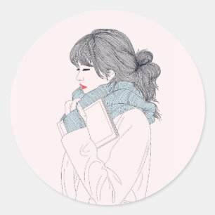 Girl with scarf cool graphic illustration classic round sticker