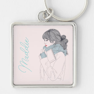 Girl with scarf cool graphic illustration keychain