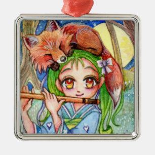 Girl with Sleepy Fox Metal Ornament