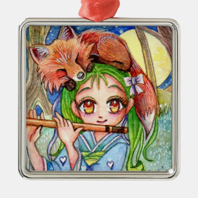 Girl with Sleepy Fox Metal Ornament (Front)