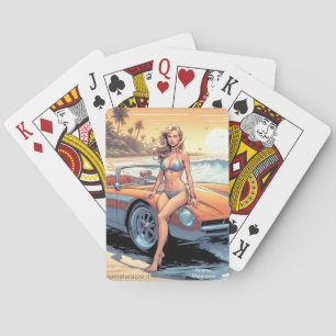 Girl with sports car playing cards