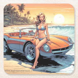 Girl with sports car square paper coaster