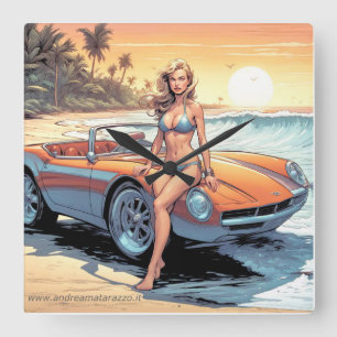 Girl with sports car square wall clock