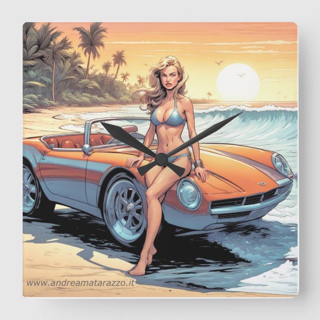 Girl with sports car square wall clock (Front)