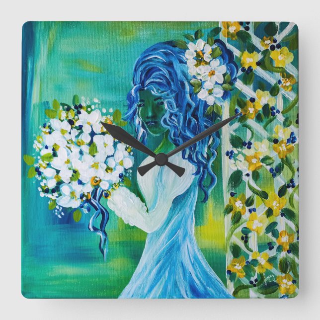 Girl With Spring Bouquet Square Wall Clock (Front)